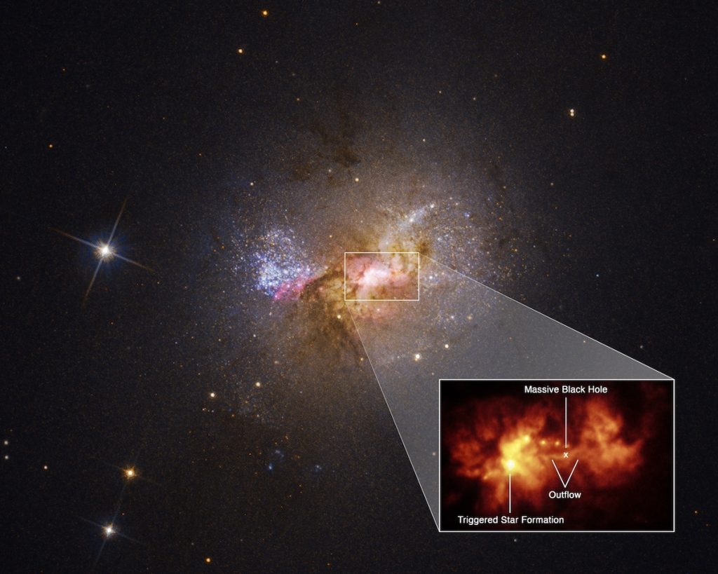 A pullout of the central region dwarf starburst galaxy Henize 2-10 traces an outflow, or bridge of hot gas 230 light-years long, connecting the galaxy’s massive black hole and a star-forming region. Hubble data on the velocity of the outflow from the black hole, as well as the age of the young stars, indicates a causal relationship between the two. A few million years ago, the outflow of hot gas slammed into the dense cloud of a stellar nursery and spread out, like water from a hose impacting a mound of dirt. Now clusters of young stars are aligned perpendicular to the outflow, revealing the path of its spread. Image credits: CREDITS: SCIENCE: NASA, ESA, Zachary Schutte (XGI), Amy Reines (XGI), Alyssa Pagan (STScI)