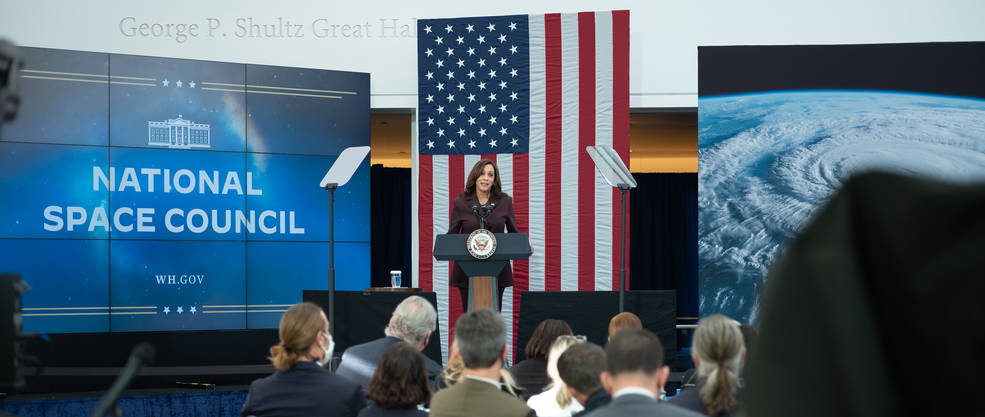 Vice President Kamala Harris delivers opening remarks at the first meeting of the National Space Council, Wednesday, Dec. 1, 2021, at the United States Institute of Peace in Washington. Credits: NASA/Joel Kowsky
