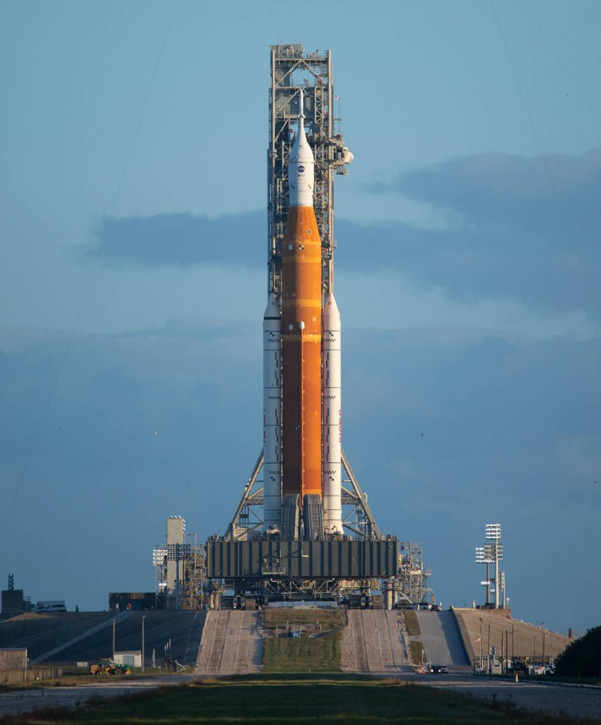 NASA’s Space Launch System rocket with the Orion spacecraft for Artemis I arrived to Launch Pad 39B at Kennedy Space Center in Florida Nov. 4. Launch of the uncrewed Artemis I flight test is targeted for Nov. 14. Credits: NASA/Joel Kowsky