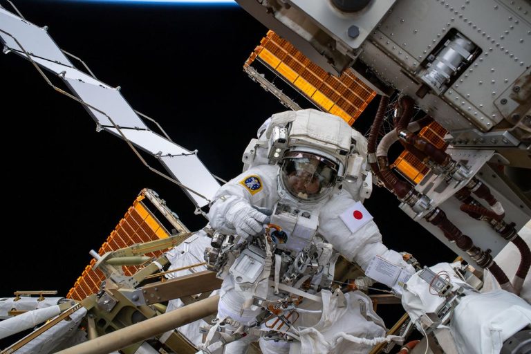 Koichi Wakata Performs A Space Walk Outside The International Space Station