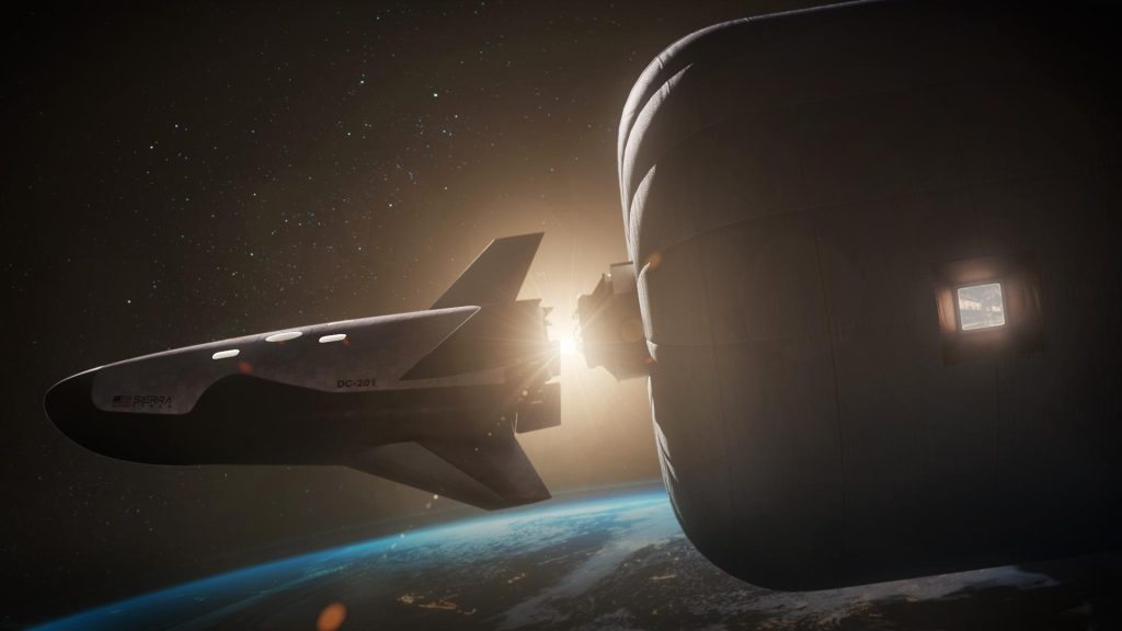 Artist’s concept of Sierra Space’s crewed Dream Chaser spaceplane docking to the company’s LIFE habitat.