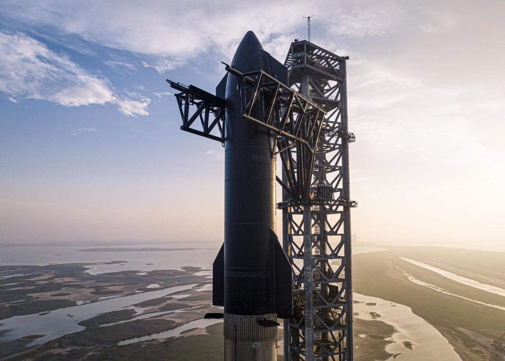 SpaceX’s Starship rocket sits on a launch pad at the company’s Starbase in Texas.